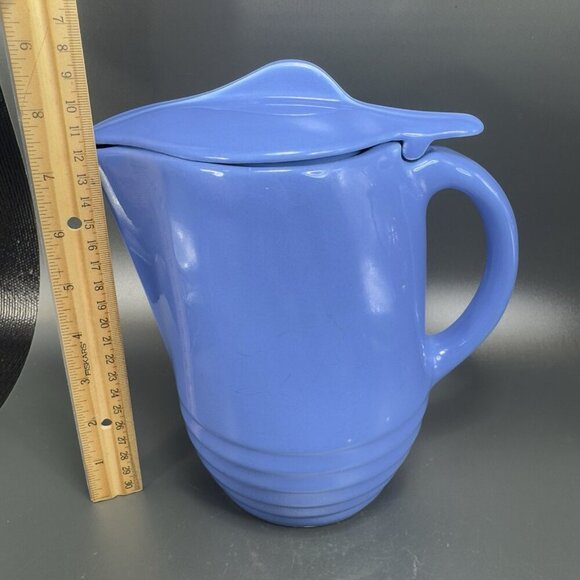 Vintage 1930s Universal Potteries Tip Top Jug Refrigerator Pitcher Lid Blue VTG - Picture 2 of 16